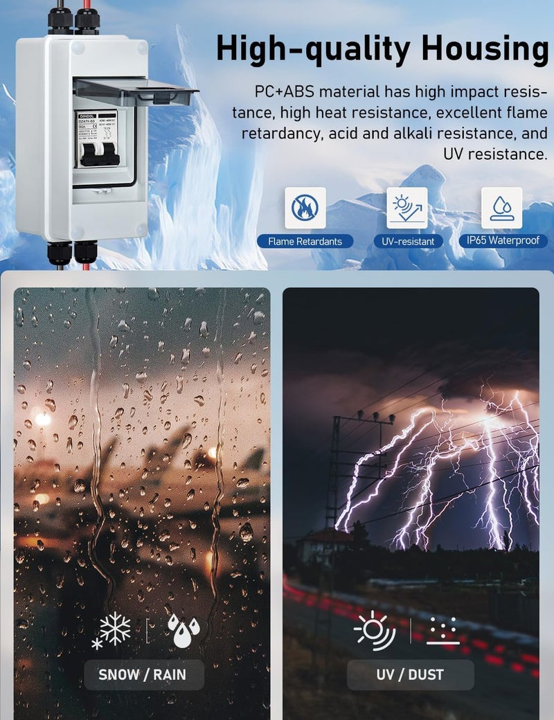 DIHOOL AC DC Circuit Breaker with IP65 Din Box for Solar Systems, 30 Amp 2 Pole 12V-400V, Non Polarized, Solar Panel Disconnect Switch, PV Array Shut Off Isolator - Image 3